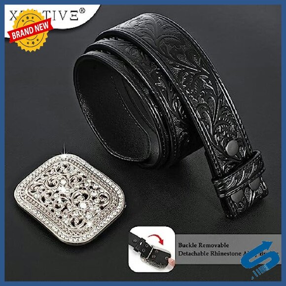 Genuine Leather Western Belt Silver Diamond Buckle Unisex Cowboy Cowgirl main image 5
